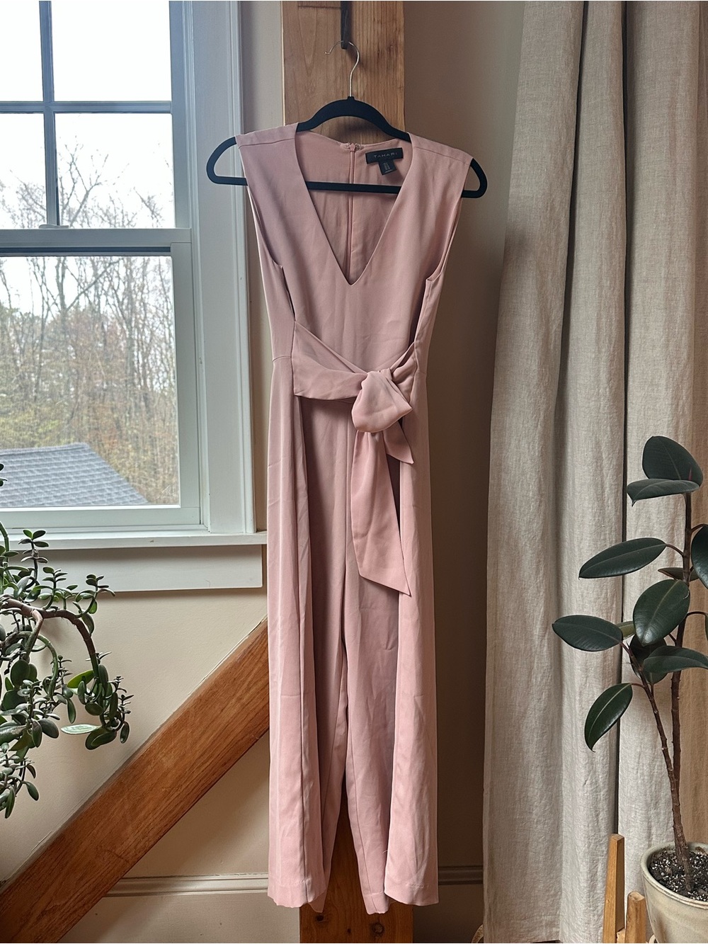 Tahari Blush Pink Sleeveless V-Neck Jumpsuit with Waist Tie